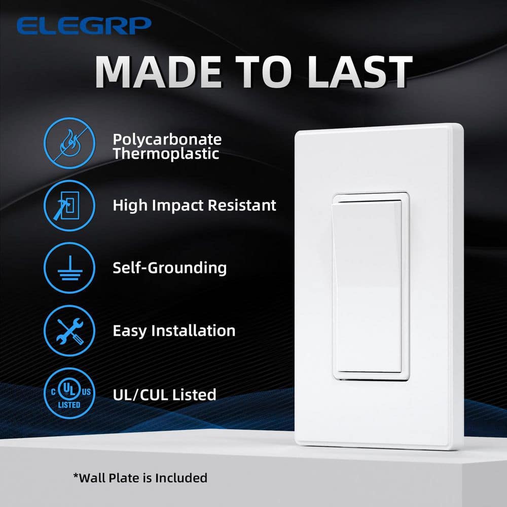 White Matte Single Pole Rocker Light Switch Set with Thermoplastic Wall Plate