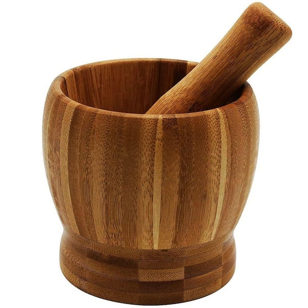 Natural Bamboo Finish Garlic Mortar and Pestle Set Kitchen Tool for Grinding Spices Peppercorns Herbs Ginger