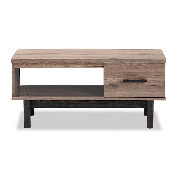 Baxton Studio Arend 40 in. Oak/Black Medium Rectangle Wood Coffee Table with Drawers