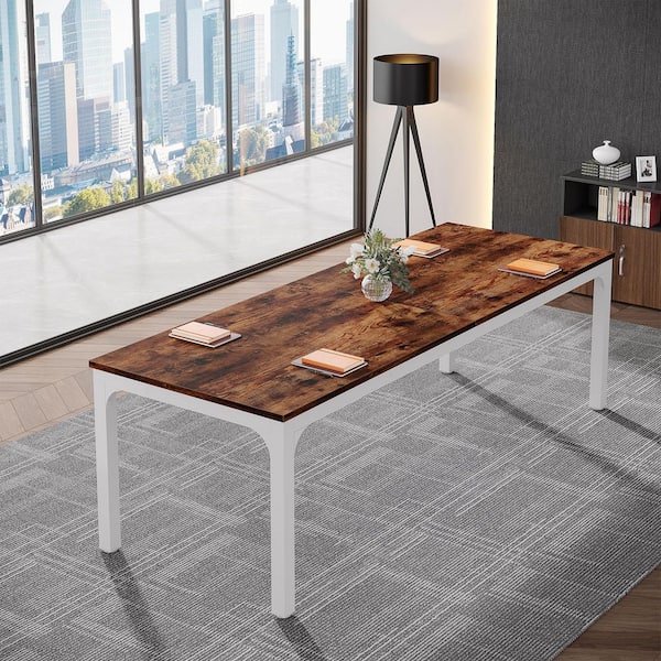BYBLIGHT Moronia 78.7in. Rectangle Brown and White Wood Conference Table Desk Large Meeting Seminar Table with Metal Frame Office
