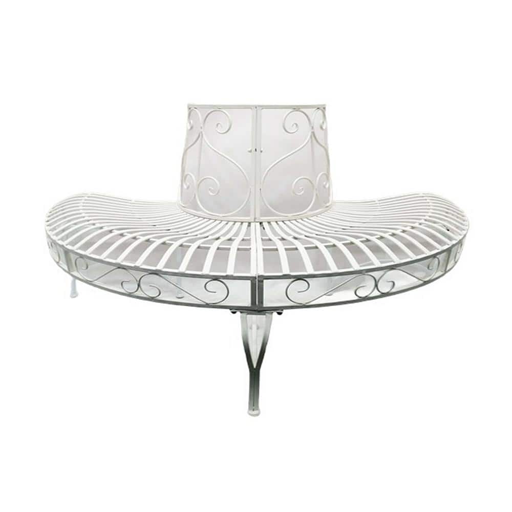 Elegant White Iron Semi-Circle Outdoor Bench