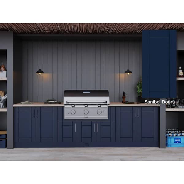 WeatherStrong Sanibel Sapphire Blue 17-Piece 121.25 in. x 34.5 in. x 28 in. Outdoor Kitchen Cabinet Island Set