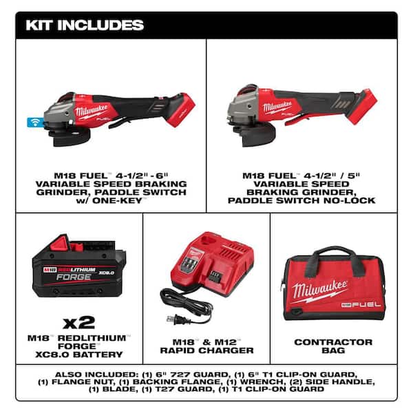 M18 FUEL ONE-KEY 18V Lith-Ion Cordless 4-1/2 in./6 in. Variable Speed Grinder w/ Two Batteries & 4-1/2 in./5 in. Grinder