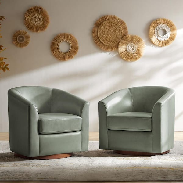 Teeny Sage Modern Genuine Leather Swivel Barrel Chair with Solid Wood Base Set of 2