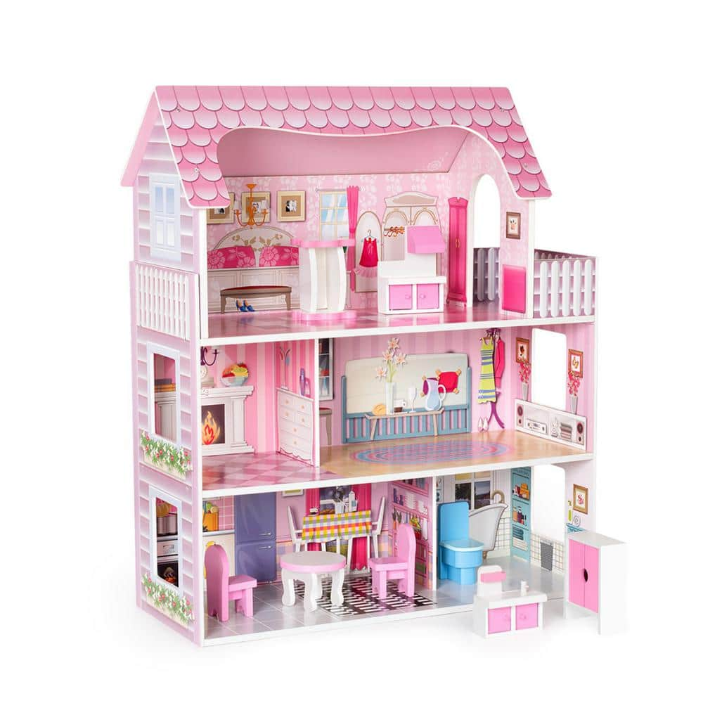 Huluwat Pink Classic Wooden Dollhouse for Toddlers with of