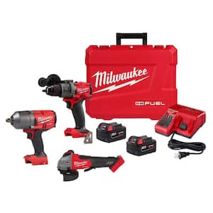 M18 FUEL 18-Volt Lithium-Ion Brushless Cordless 1/2 in. Hammer Drill Driver Kit, 1/2 in. Impact Wrench and FUEL Grinder