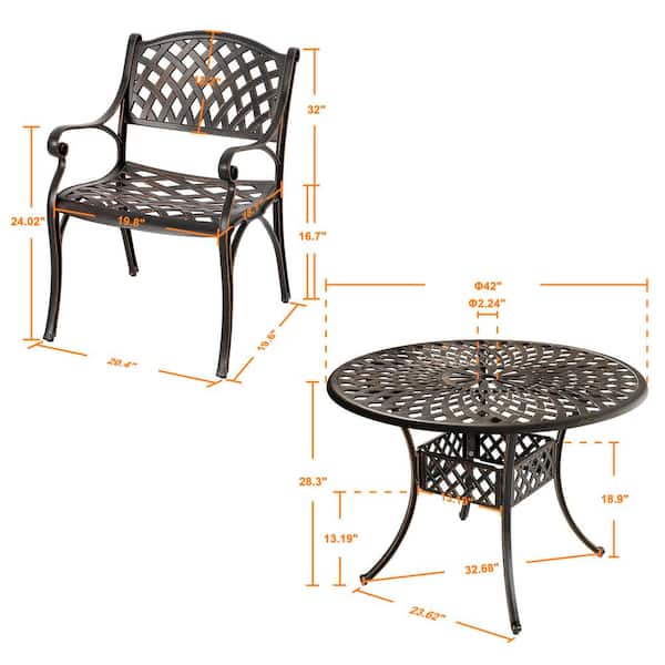Black with Gold-Painted Edges 5-Piece Cast Aluminum Outdoor Dining Set, Round Dining Table with Umbrella Hole