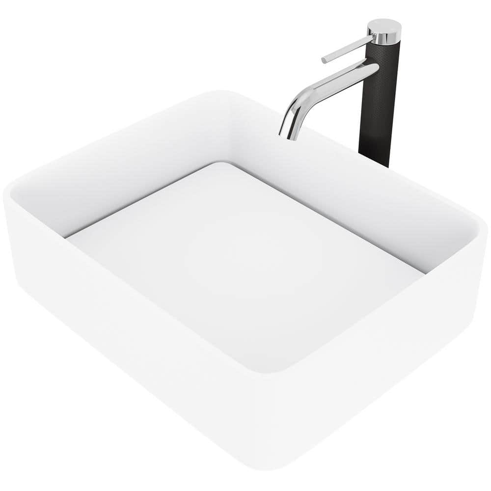 Matte White Stone Rectangular Vessel Sink with Chrome Faucet