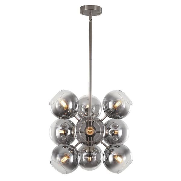 Modern 9-Light Nickel Branch Cluster Chandelier with Smoke Gray Glass Shades
