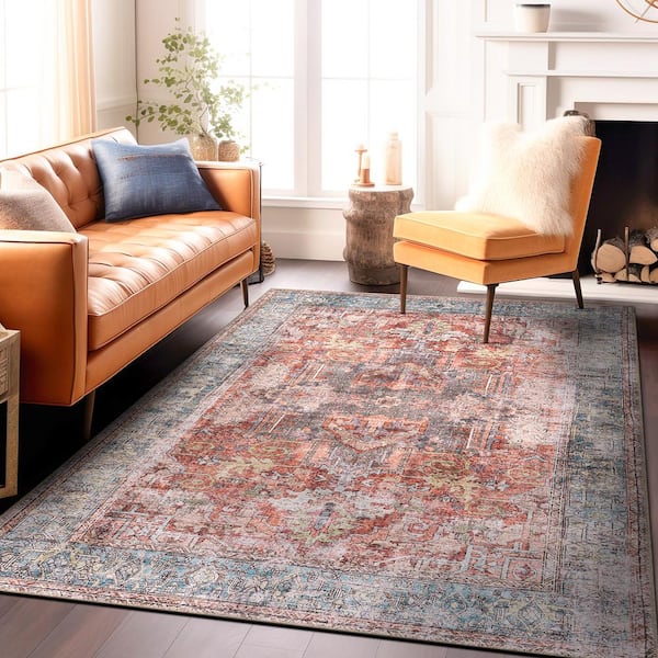 Vintage Inspired Distressed Machine Washable Multi 6 ft. 6 in. x 9 ft. Area Rug