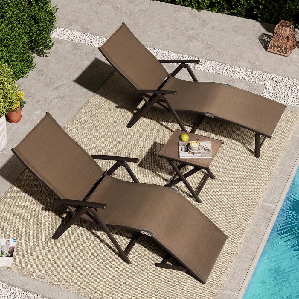 3-Piece Adjustable Aluminum Outdoor Chaise Lounge in Brown with Side Table price history on PriceWatchPro