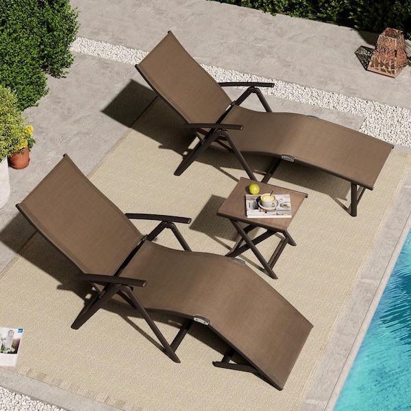 Pellebant 3-Piece Adjustable Aluminum Outdoor Chaise Lounge in Brown with Side Table