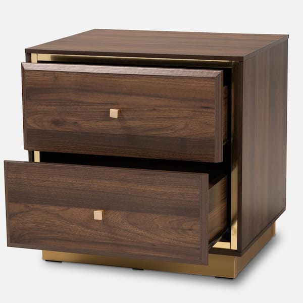 Baxton Studio Cormac 2 Drawer Walnut Brown and Gold Nightstand