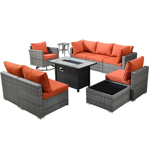 Sanibel Gray 10-Piece Wicker Patio Conversation Sofa Set with a Swivel Chair, a Metal Fire Pit and Orange Red Cushions