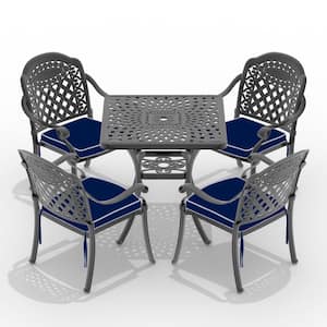 5-Piece Black Cast Aluminum Outdoor Dining Set, Patio Furniture with 30.71 in. Square Table and Random Color Cushions
