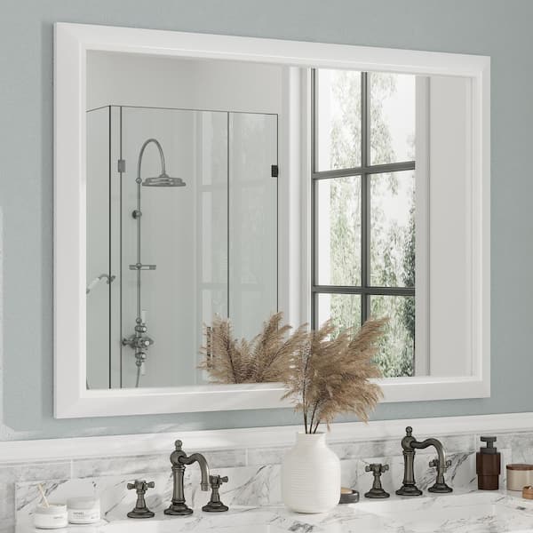 48 in. W x 36 in. H Rectangular Aluminum Alloy Framed and Tempered Glass Wall Bathroom Vanity Mirror in Matte White