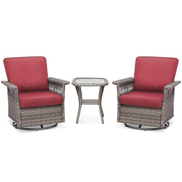 3-Piece Wicker Patio Conversation Set Rocking Chairs Set with Red Cushions, Suitable for Indoor and Outdoor