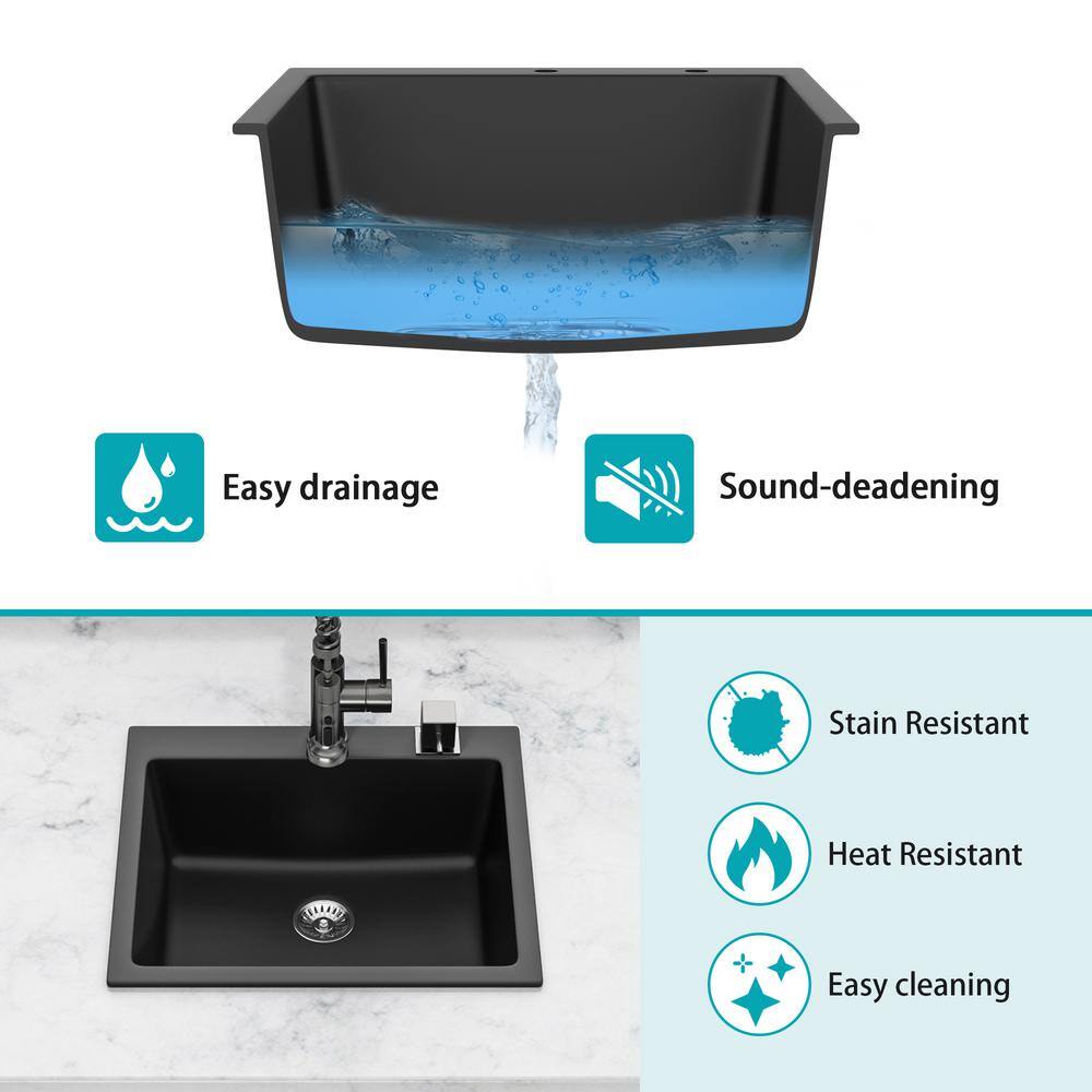 25" x 22" Black Quartz Drop-In Single Bowl Kitchen Sink with Accessories