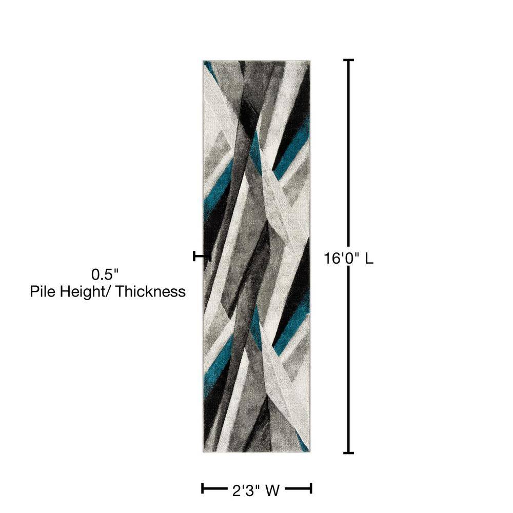 Gray and Teal Geometric Synthetic Runner Rug, 2'3" x 16'