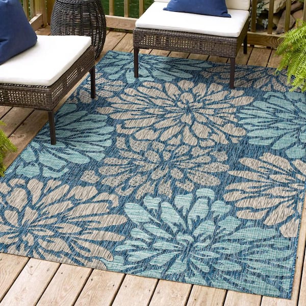JONATHAN Y Zinnia Modern Floral Navy/Aqua 3 ft. 11 in. x 6 ft. Textured Weave Indoor/Outdoor Area Rug