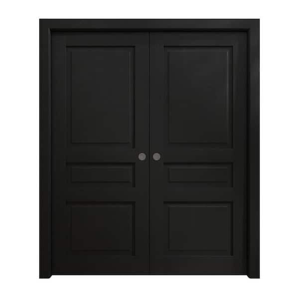 Sartodoors 84 in. x 96 in. Painted Black Oak Solid Wood Double Pocket Doors With Hardware