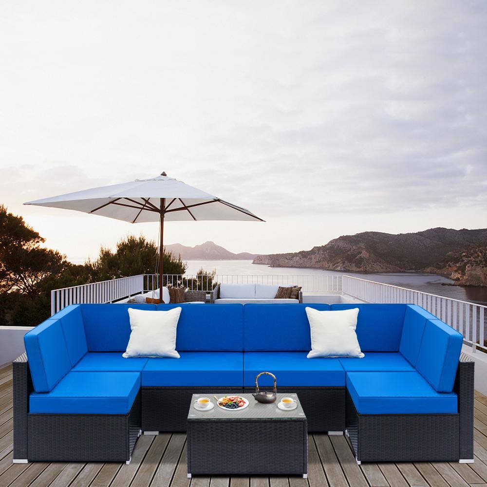 Karl home Black 7-Piece Wicker Outdoor Sectional Set with Blue Cushions Karl home Black 7-Piece Wicker Outdoor Sectional Set with Blue Cushions - 2