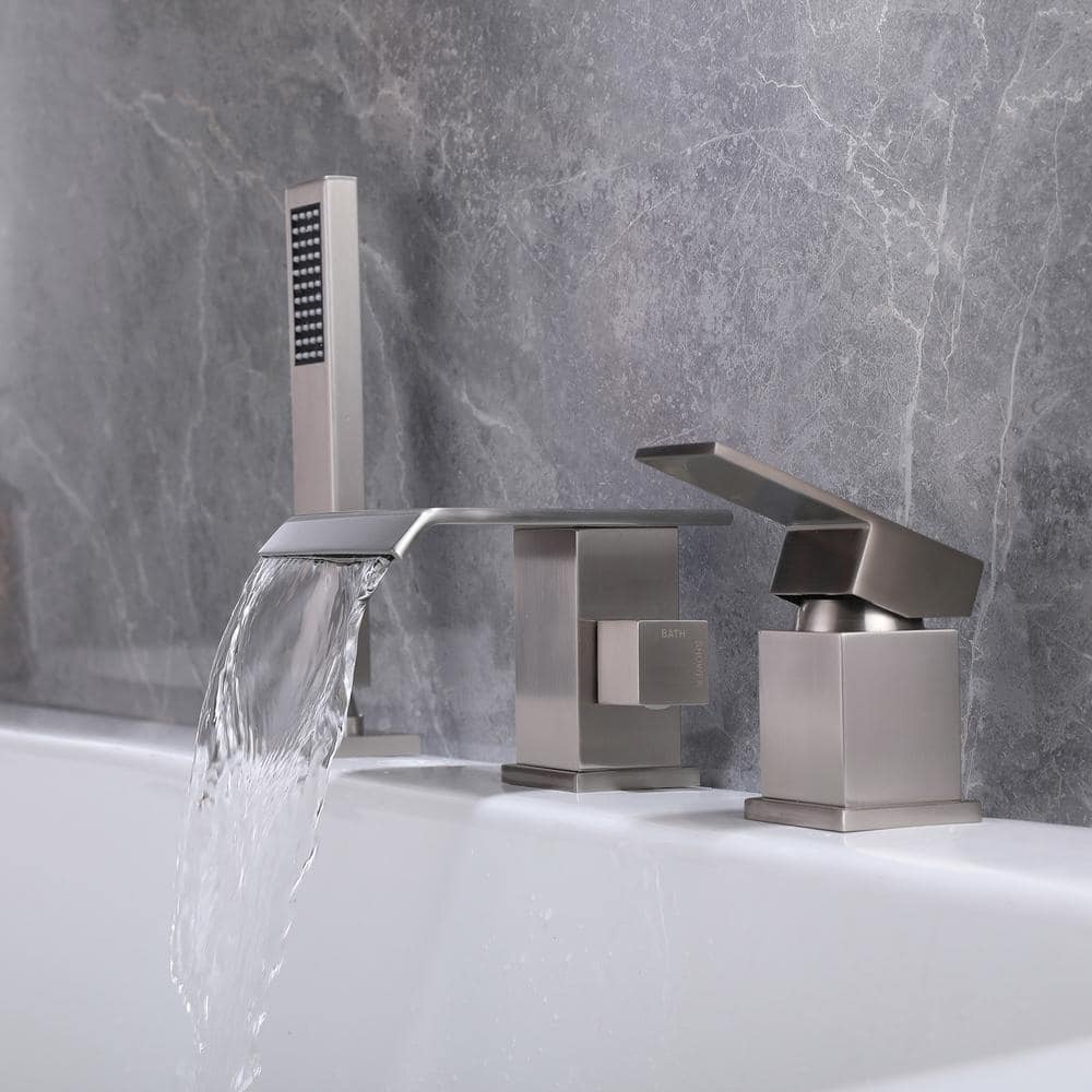 Brushed Nickel Waterfall Roman Tub Faucet with Handheld Shower