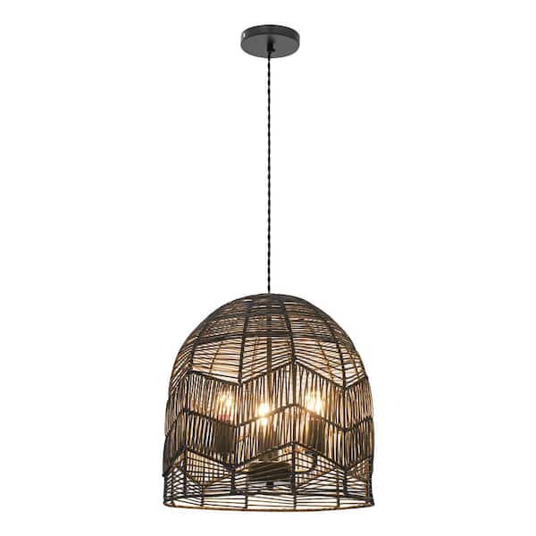 OUKANING 3-Light Black Modern Shaded Pendant Light with Hand-Woven Rattan Shade and Adjustable Height, No Bulbs Included
