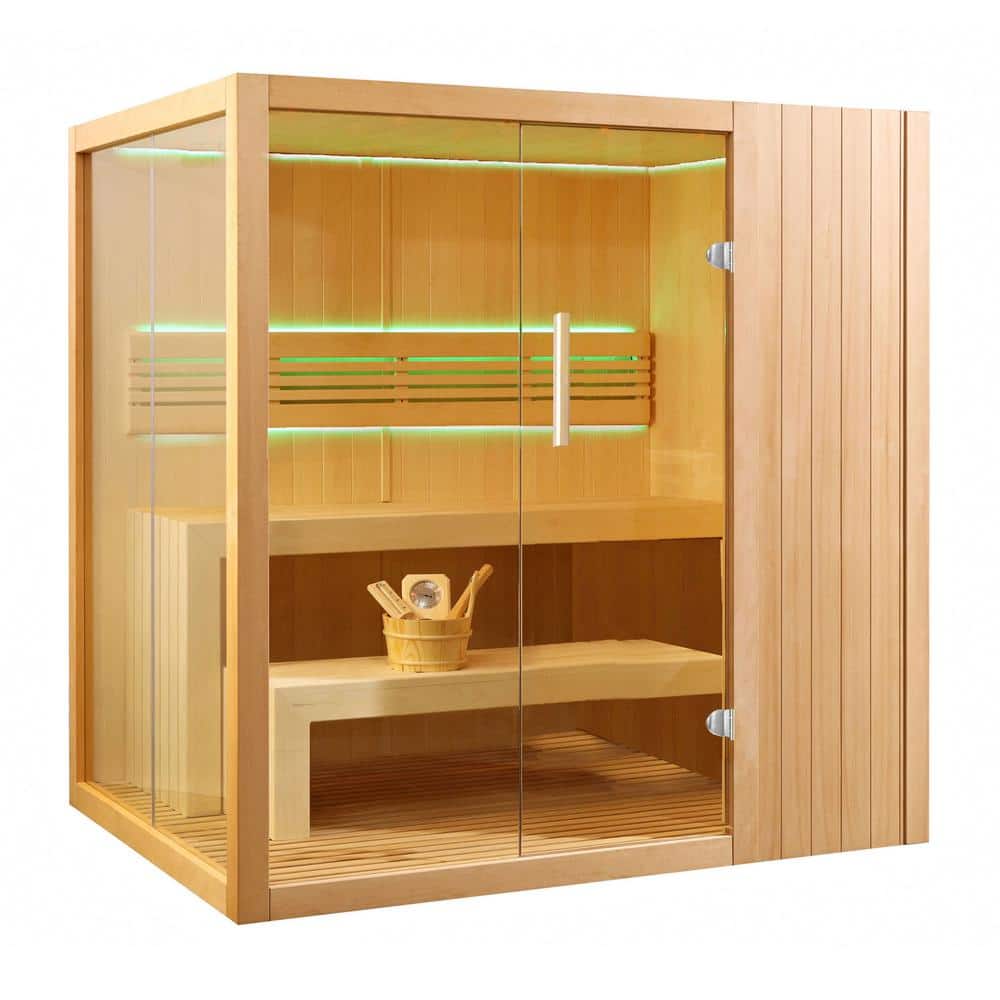 Natural Canadian Hemlock 4-Person Indoor Sauna with Glass Door