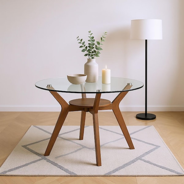 New Classic Furniture Oscar Walnut Glass Top 42 in. Round Dining Table, Seats 4