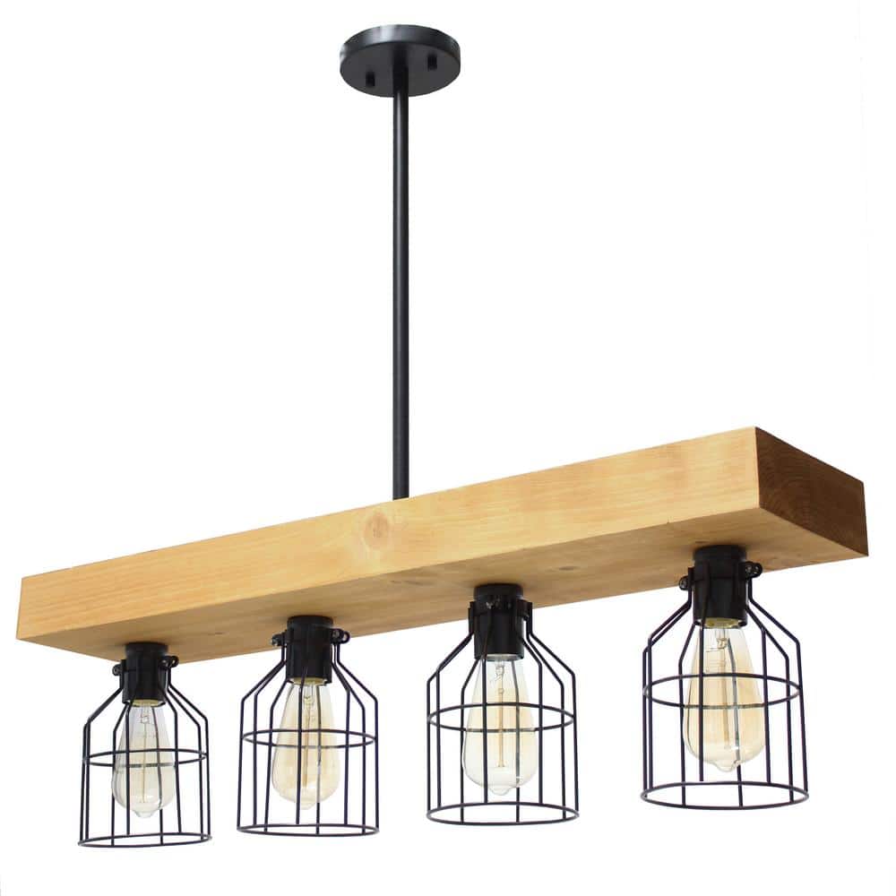 Rustic 4-Light Wooden Beam Farmhouse Pendant in Light Wood