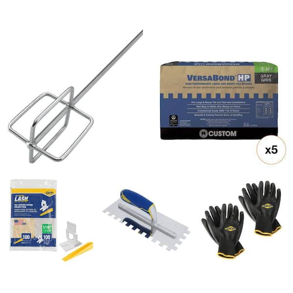 Thinset Mixing Paddle, Square-Notch Trowel, VersaBond Mortar, LASH Leveling Clips/Wedges, and Tilers Gloves Combo 204-Pc