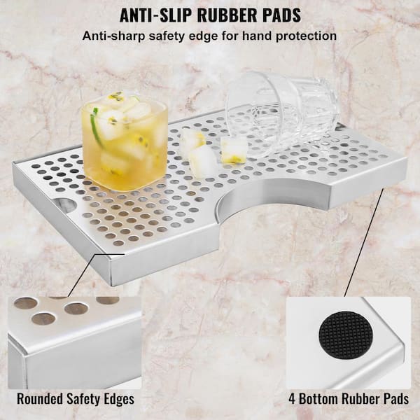 Kegerator Beer Drip Tray 4-Non-Slip Pads, Detachable Cover, Heat/Cold Resistant for Bar, 304-Stainless Steel, Silver