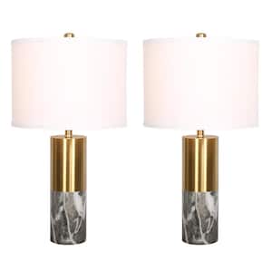 19.8 in. Plated Gold and Black Marble Table Lamp Set with White Fabric Shade and Cable (Set of 2)