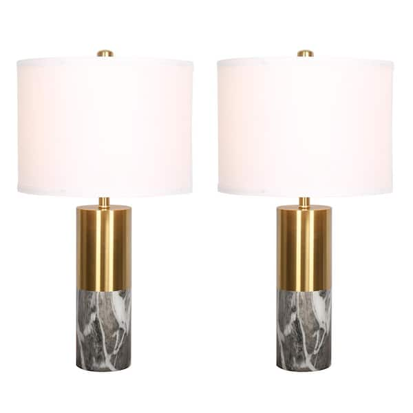 Uixe 19.8 in. Plated Gold and Black Marble Table Lamp Set with White ...