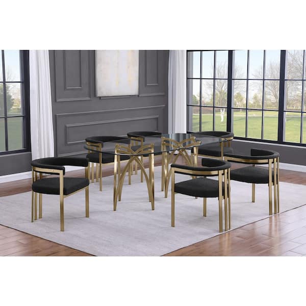 Best Quality Furniture Amelia 7-Piece Clear Tempered Glass Top Gold Chrome Plated Base Dining Set With 6 Black Boucle Fabric Chairs