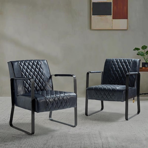 JAYDEN CREATION Lachish Lesuire Black Leg Blue PU Arm Chair with Tufted Back (Set of 2)