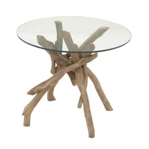 16 in. Brown Handmade Tree Branch Large Round Glass End Accent Table with Clear Glass Top