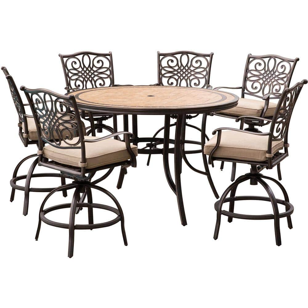 Hanover Monaco 7 Piece Aluminum Outdoor, Round High Dining Table And Chairs