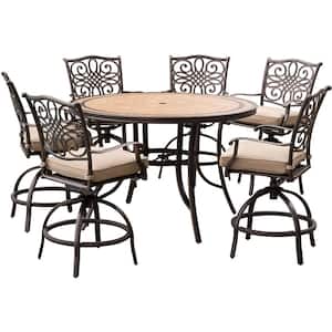 Monaco 7-Piece Aluminum Outdoor High Dining Set with Round Tile-Top Table and Swivel Chairs with Natural Oat Cushions