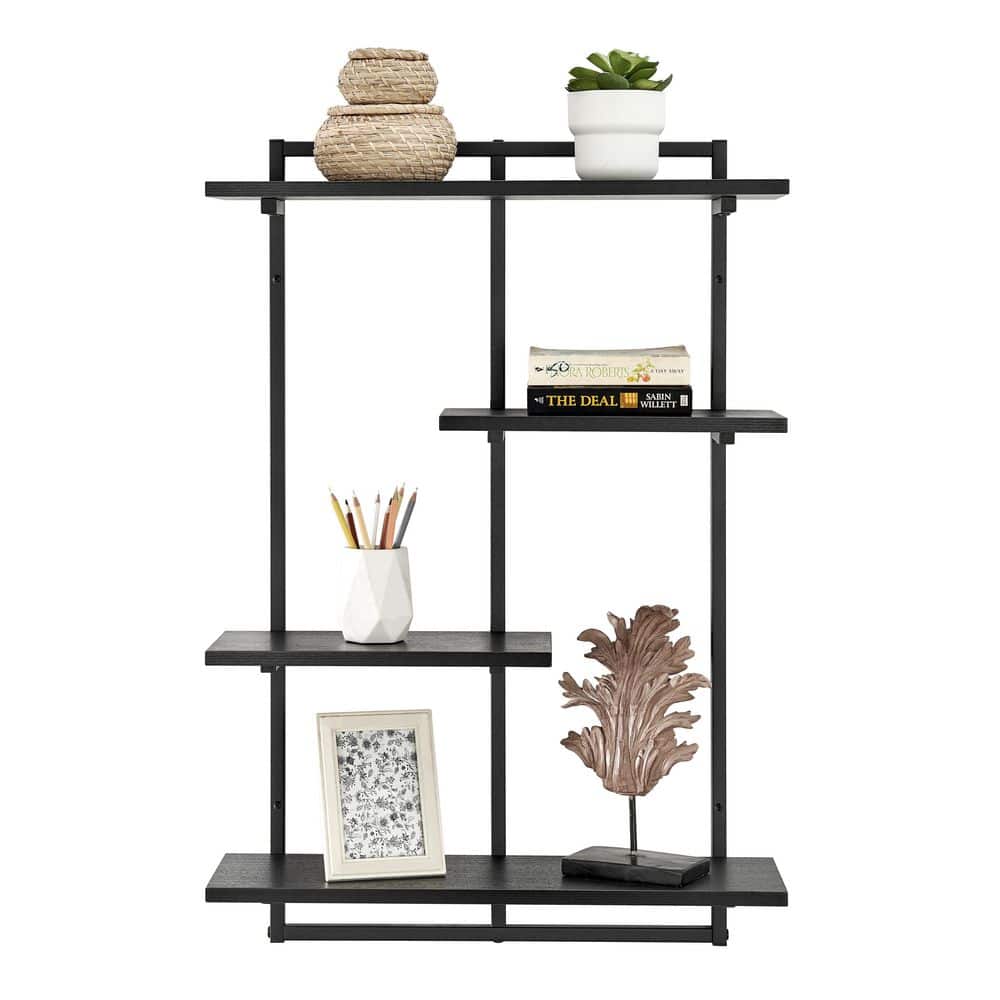Rhodes Black Iron and Wood 4-Tier Floating Wall Shelf Unit