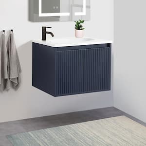 24 in. W x 18.2 in. D x 18.5 in. H Drop-Shaped Single Sink Floating Bathroom Vanity in Navy Blue with White Resin Top