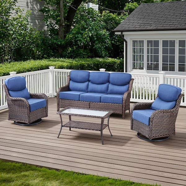 Arcadia Brown 4-Piece Wicker Patio Conversation Set with Swivel Gliders and 6 in. Thick Olefin Navy Blue Cushions