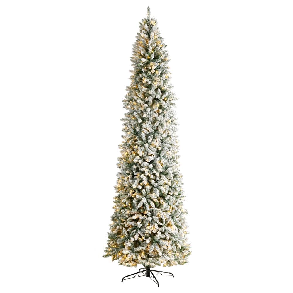 Nearly Natural 10 ft. Pre-Lit LED Slim Flocked Montreal Fir Artificial ...