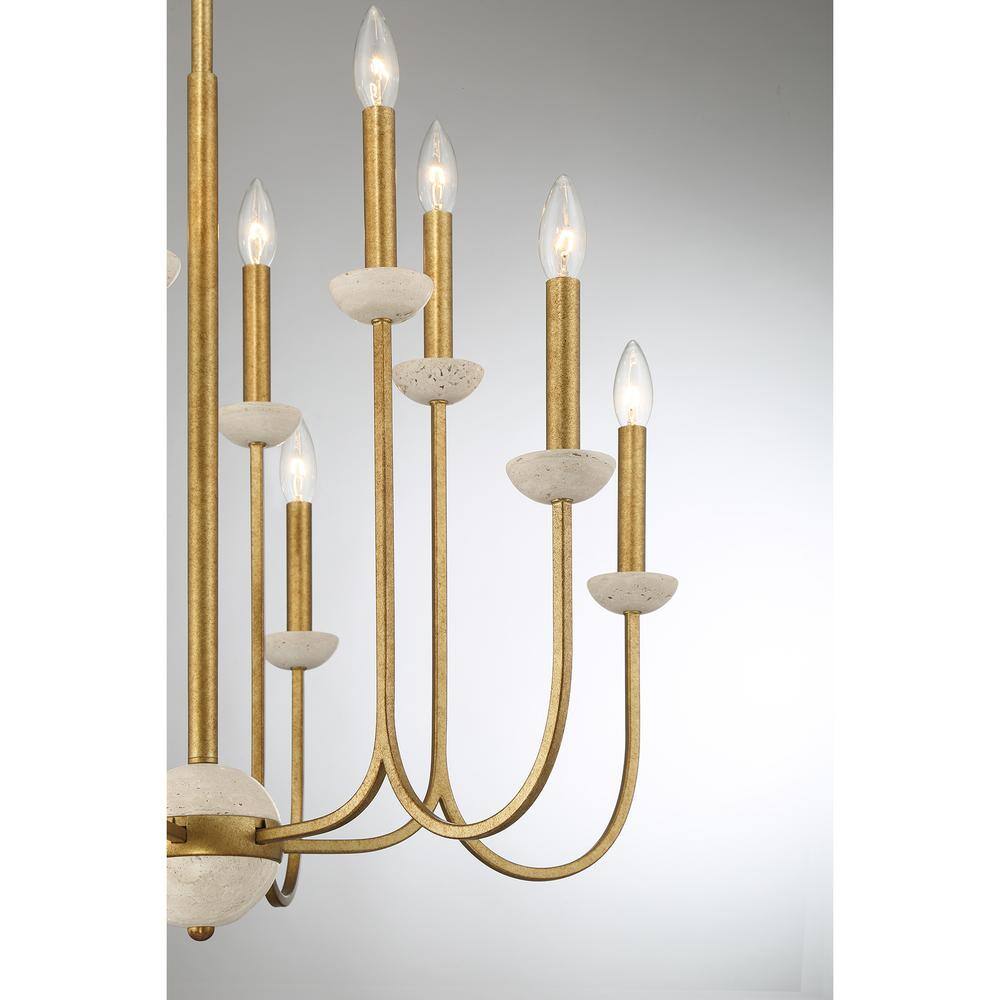 Antique Gold 12-Light Candle Chandelier with Travertine Cups