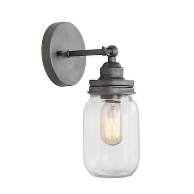 1-Light Industrail Slate Gray Bathroom Damp Vanity Wall Sconce with Clear Glass Mason Jar Shade LED Compatible