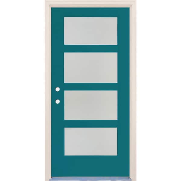 Builders Choice 36 in. x 80 in. Right-Hand/Inswing 4 Lite Satin Etch Glass Reef Painted Fiberglass Prehung Front Door with 4-9/16" Frame