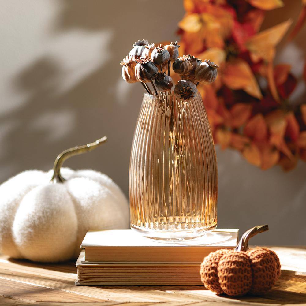 Amber Ribbed Glass Decorative Vase, 10.5"
