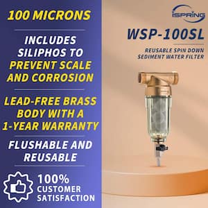 100-Micron Reusable Spin Down Sediment Water Filter w/ Siliphos, Prevents Scale and Corrosion, 1 in. MNPT, 3/4 in. FNPT