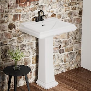 26 in. W x 20 in. D Rectangular White Ceramic Pedestal Sink with - Faucet Holes and Overflow